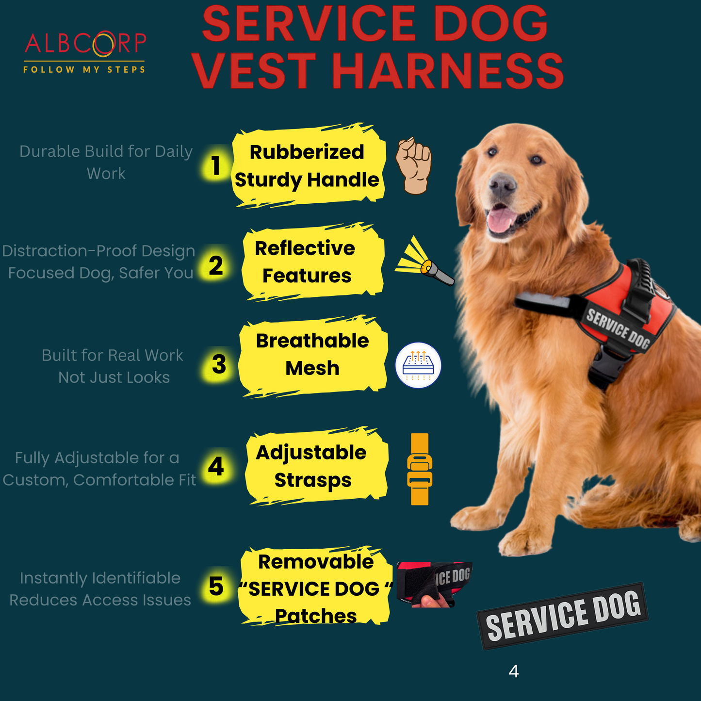 Albcorp Reflective Therapy Dog Vest Harness, Woven Polyester & Nylon, Adjustable Service Animal Jacket, with 2 Hook and Loop Therapy Dog Removable Patches