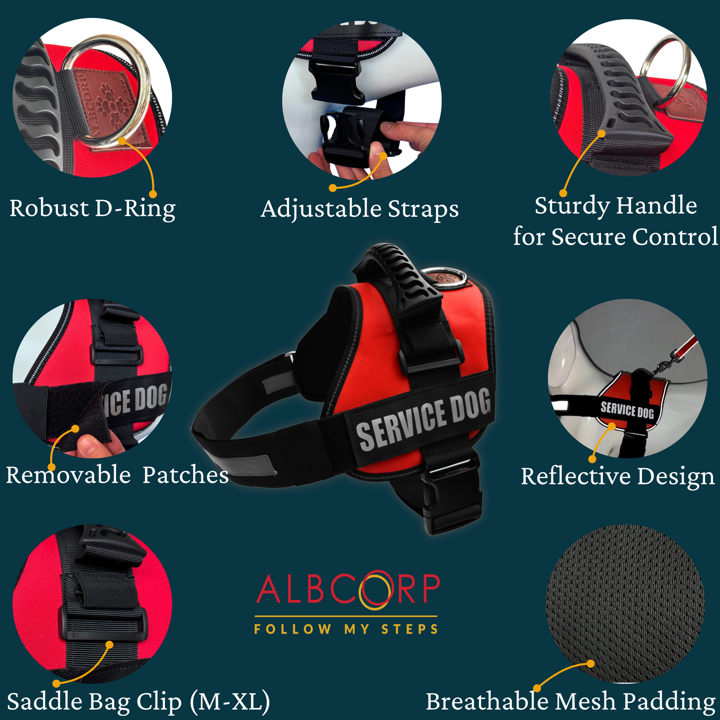 Albcorp Reflective Therapy Dog Vest Harness, Woven Polyester & Nylon, Adjustable Service Animal Jacket, with 2 Hook and Loop Therapy Dog Removable Patches